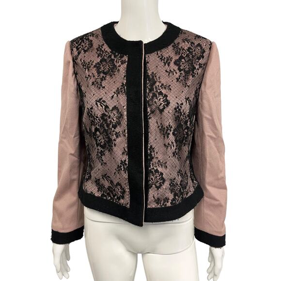 VALENTINO Pink 100% Wool Black Floral Lace Long Sleeve Crew Neck Jacket Size 12